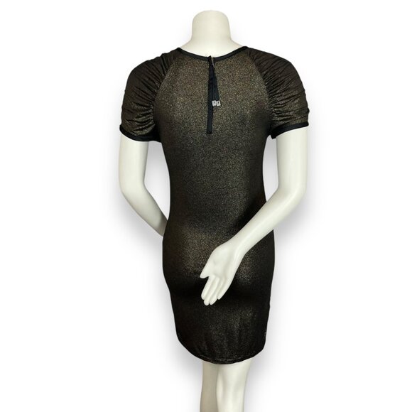 Ann Taylor Metallic Dress Gold Black Short Sleeve Gathered Sleeve Size‎ Medium - Picture 2 of 13